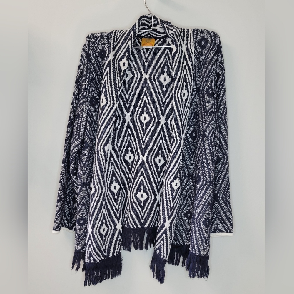 Ruby Rd Navy Blue White Fringe Sweater Open Cardigan Jacket Cover Up Sz XL